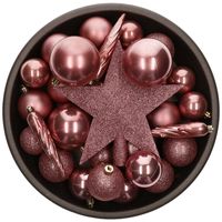 Set van 33x stuks kunststof kerstballen met ster piek oudroze (velvet pink) mix