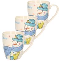 Kerst mok - 3x stuks - sneeuwpop - 8 x 10 cm - porselein - 300 ml - beker - koffiemok