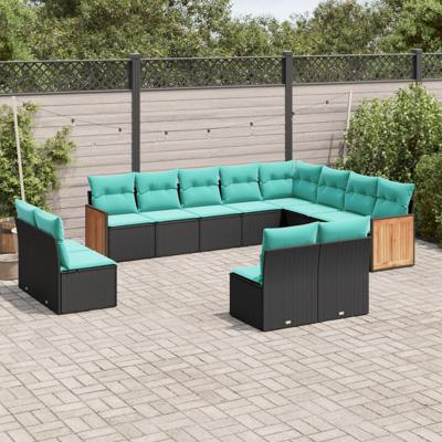 12-delige tuinbankset met kussens van zwart polyrotan