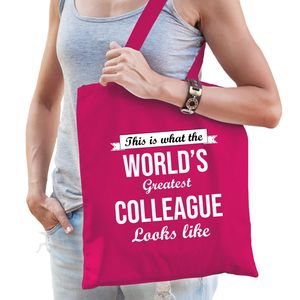 Worlds greatest COLLEAGUE kado tasje voor verjaardag collega roze voor dames - Feest Boodschappentassen