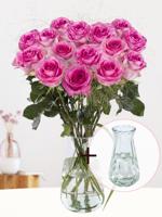 Roze rozenboeket met panicum + glasvaas Evita - Revival