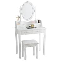 Kaptafel met 10 LED Lampjes Make-Up Tafel met Verlichte Ovale Spiegel en Aanrakingsschakelaar Helderheid Verstelbaar 4 Lades Kruk