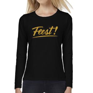 Feest goud tekst longsleeve zwart dames - Glitter en Glamour goud party kleding shirt met lange mouw