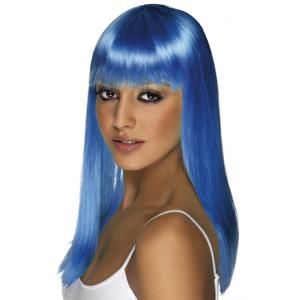 Smiffys Glamour pruik stijl lang haar - neon blauw - dames - carnaval verkleed pruiken - carnaval