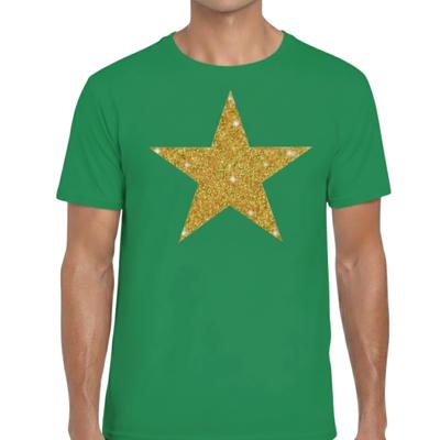 Verkleed T shirt voor heren - groen - Glitter and Glamour Ster - glitter goud - Bling Bling