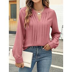 Dames Blouse Effen Kleur Met ruches Werk Stijlvol Modern Bisschop Lange mouw Gekerfde nek Rose Roze Lente Herfst Lightinthebox