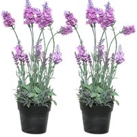 2x stuks lavendel kunstplant in pot - roze paars - D18 x H38 cm