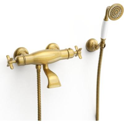 Badkraan Tres Clasic | Opbouw | Thermostaatkraan | Incl.Handdoucheset | 2-weg | hoh 15 cm | 2-knops | Vintage | Messing oud