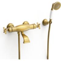 Badkraan Tres Clasic | Opbouw | Thermostaatkraan | Incl.Handdoucheset | 2-weg | hoh 15 cm | 2-knops | Vintage | Messing oud