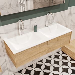 Mondiaz Lush Cloud badmeubel eiken licht 120 cm 2 lades solid surface dubbele spoelbak 2 kraangaten