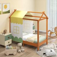 Kinderbed met Dak Speelhuis Platformbed met Afneembaar Hemelbed & 12 Massief Houten Latten Huisbed 70 x 140 cm