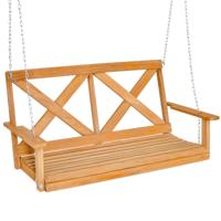 134 cm Veranda Schommel voor 2 Personen Massief Houten Tuinschommel met Verstelbare Kettingen Stevige Hangende Schommel