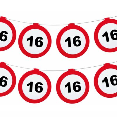 Verjaardag feestslinger 16 jaar - 2x - papier - verkeersborden - 120 x 21 cm - Sweet sixteen
