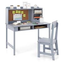Kinderbureau met Stoel Houten Schoolbureau met Kurken Prikbord Lade Opbergvak en Open Planken-Grijs