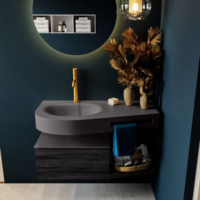MONDIAZ RIVA 100cm badmeubel onderkast / planchet kleur Antracite met 1 lade. Wastafel DULCET links 1 kraangat kleur Dark_Grey. MONDIAZ RIVA 100cm badmeubel onderkast / planchet kleur Antracite met 1 lade. Wastafel DULCET links 1 kraangat kleur Dark_Grey.
