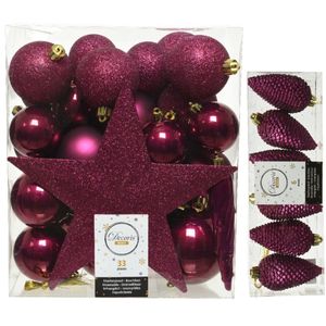 Kerstversiering kunststof kerstballen met piek framboos roze 5-6-8 cm pakket van 39x stuks