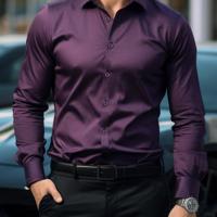 Bon&Bon Men's Dark Green Long Sleeve Shirt with Embroidered Cuffs Purple / S