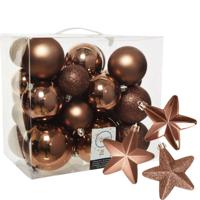 Pakket 32x stuks kunststof kerstballen en sterren ornamenten walnoot bruin - Kerstbal - thumbnail