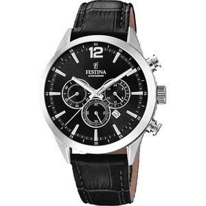 Festina F20542/5 Horloge Timeless Chronograph staal-leder zilverkleurig-zwart 43,5 mm