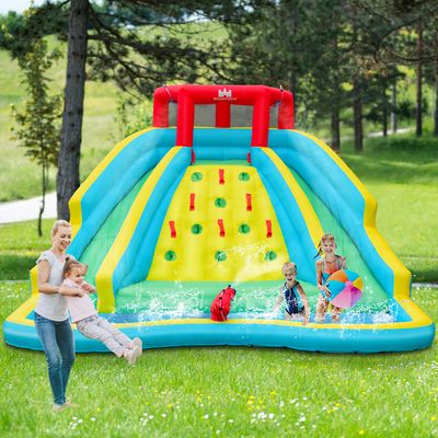 Opblaasbaar Springkasteel met Twee Waterglijbanen Klimwand en Waterkanon Speelzwembad Waterpark Kinderbadje (met Ventilator)
