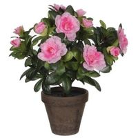 2x Groene Azalea kunstplant roze bloemen 27 cm in pot stan grey - thumbnail