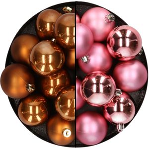 Kunststof kerstballen 6 cm - 24x stuks - bruin en roze