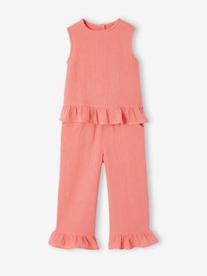 Set met blouse en broek met ruches koraal