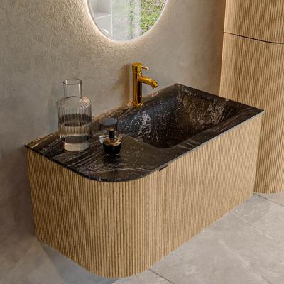 Badmeubel Mondiaz Kurve-Dlux | 85 cm | Meubelkleur Oak | Wastafelkleur Lava | Solid surface | Rechts spoelbak | 1 kraangat