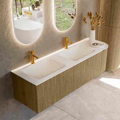 Badmeubel Mondiaz Kurve | 155 cm cm | Meubelkleur Dusk | Wastafelkleur Talc | Solid surface | Dubbel / Links spoelbak | 2 kraangaten