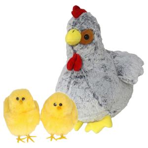 Pluche kip knuffel - 30 cm - grijs - met 2x gele kuikens 9 cm - kippen familie