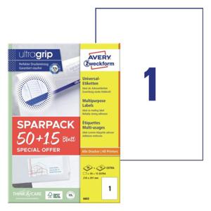 Avery-Zweckform 6603 Universele etiketten 210 x 297 mm Papier Wit 65 stuk(s) Permanent hechtend Laser (kleur), Laser (zwart/wit)