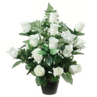 Kunstbloemen plantje rozen/gipskruid in pot - wit - H35 cm - Bloemstuk - Bladgroen