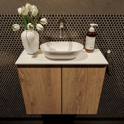 Mondiaz Fowy toiletmeubel 60cm washed oak met blad en waskom talc midden zonder kraangat
