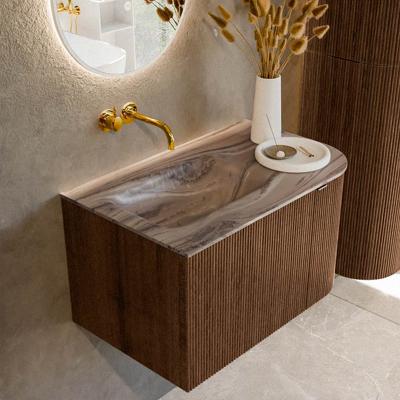Badmeubel Mondiaz Kurve-Dlux | 75 cm | Meubelkleur Walnut | Wastafelkleur Sombra | Solid surface | Wasbak linker zijde spoelbak | Zonder kraangat(en)