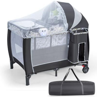 3-In-1 Inklapbaar Reisbed & Luiertafel & Box met Afneembaar en Verstelbaar Muggennet Incl. Muziekklok Aankleedkussen Matras