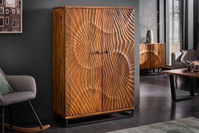 Massieve barkast SCORPION 141cm bruin mangohout gedetailleerd 3D-houtsnijwerk - 40955