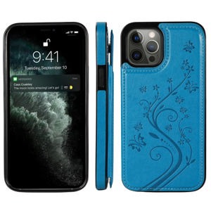 iPhone 16 Pro hoesje - Backcover - Pasjeshouder - Portemonnee - Bloemenprint - Kunstleer - Blauw