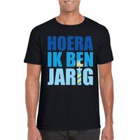 T-shirt zwart voor heren hoera ik ben jarig blauwe tekst