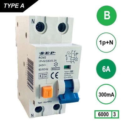 SEP Aardlekautomaat 6A B Kar 300mA 2 polig 36mm RCM2 Kema Keur 230V automaat en aardlek in een