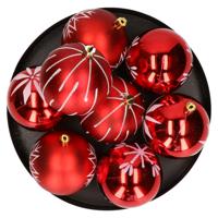 Gedecoreerde kerstballen - 16x st - 8 cm - kunststof - rood/wit - thumbnail