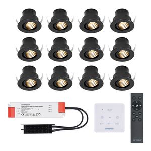 Set van 12 Medina - Mini LED Inbouwspot - 12V 3W - Zwart - Dimbaar - Kantelbaar & verzonken - Verandaverlichting - Incl. Muurdimmer - IP44 voor buiten