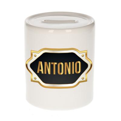 Spaarpot met voornaam Antonio - wit - goud/zwart embleem - 8 x 9 cm - keramiek - afsluitdop