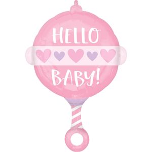 Folieballon Hello Baby Roze Rammelaar