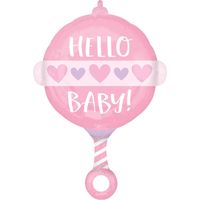 Folieballon Hello Baby Roze Rammelaar - thumbnail