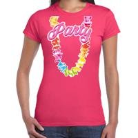 Tropical party T-shirt voor dames - bloemenkrans - fuchsia roze - carnaval/themafeest - thumbnail