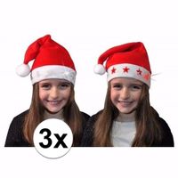 3x Kerstmuts met rode sterren en lichtjes voor kinderen - thumbnail