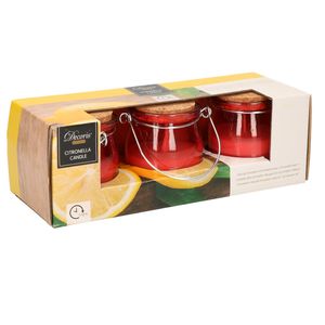 Citronella kaars - 3x - in rood glazen potje - 8 branduren - citrusgeur   -