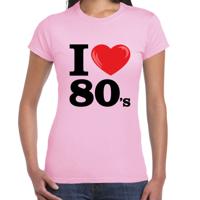 Disco T-shirt dames - I love 80s - roze - eighties thema party - verkleedkleding - themafeest