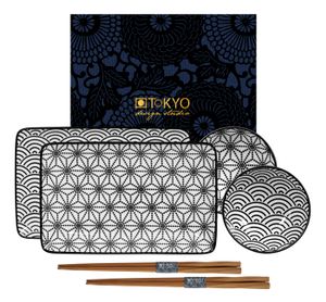 Zwart-Witte Bordenset met Eetstokjes - Nippon Black - 6 Stuks - 21 x 13.5 & 9.5 x 3 cm