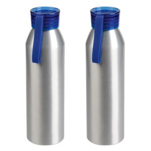 2x Stuks aluminium waterfles/drinkfles zilver met blauwe kunststof schroefdop 650 ml